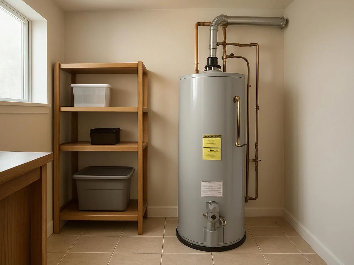 A utility room shows a water heater beside a wooden shelf with storage bins and a window