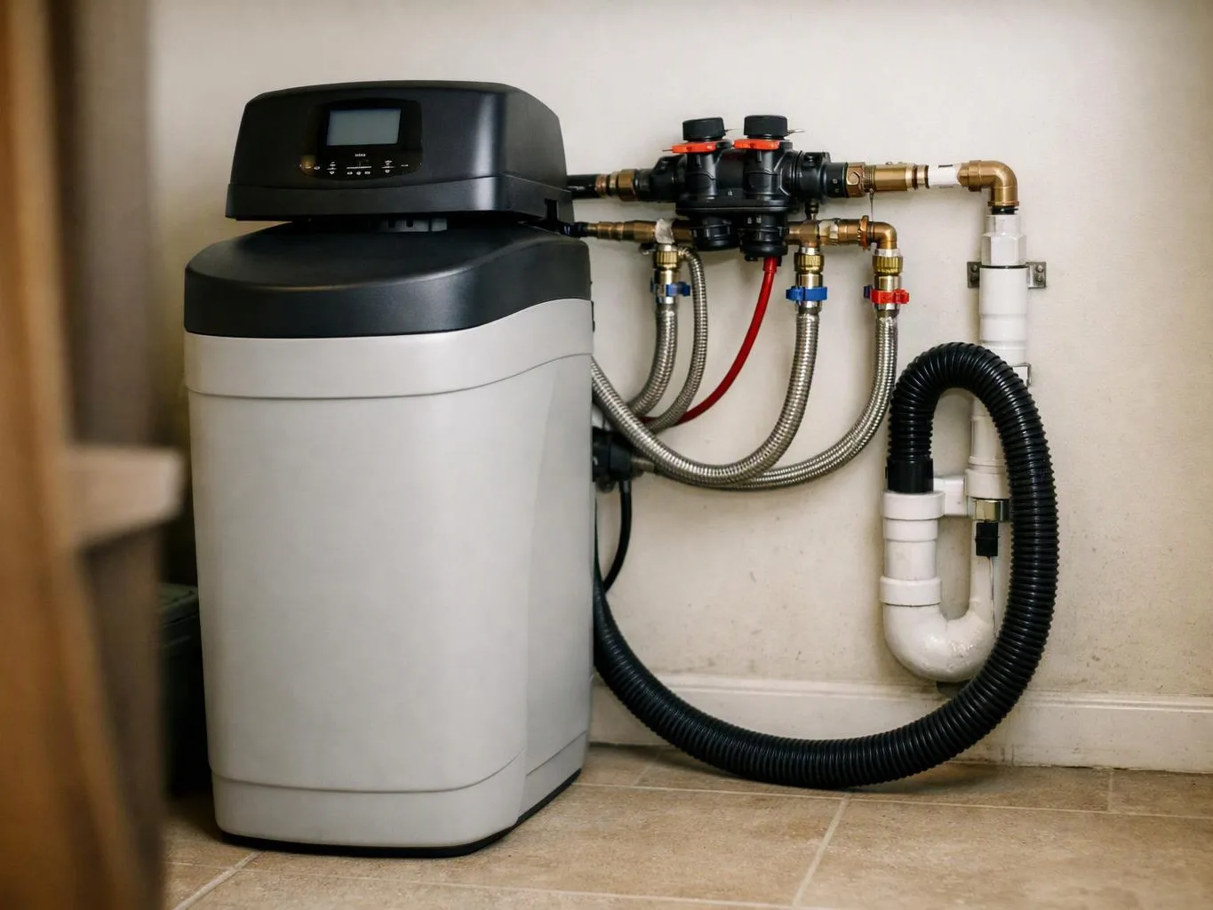 A water softener system sits on tile floor, with hoses and pipes connected against a plain wall
