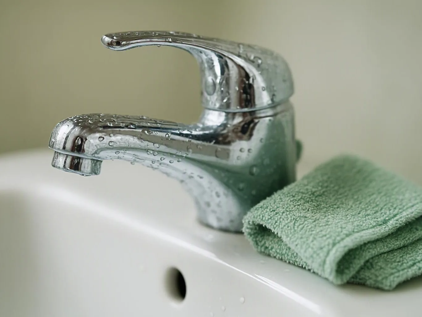 A wet chrome bathroom faucet sits beside a folded green towel on a white sink