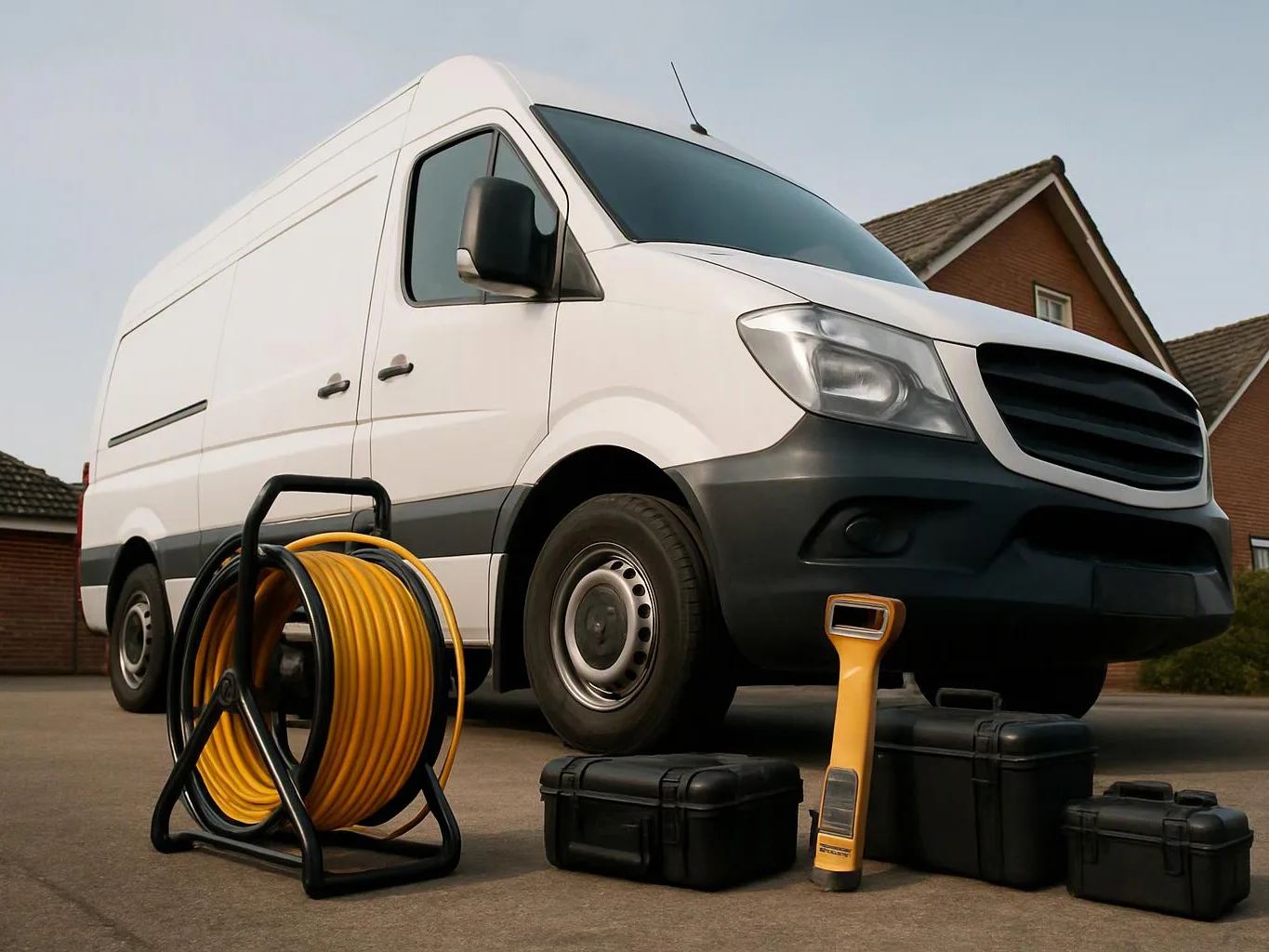 A white cargo van is parked on a driveway beside a hose reel, black tool cases, and a yellow handled tool