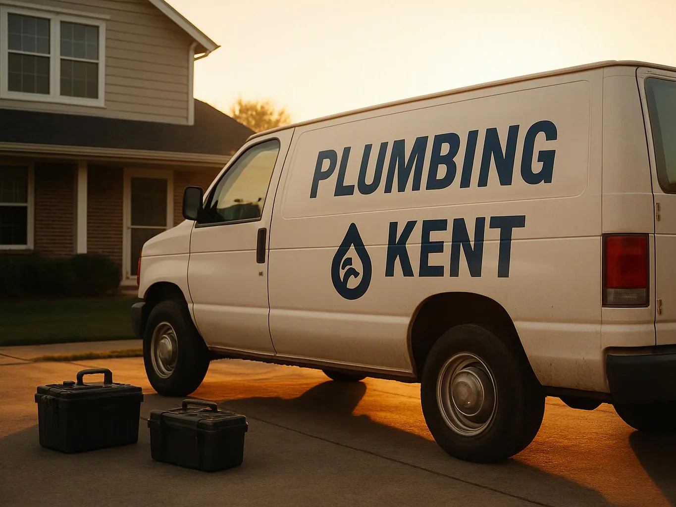 A white plumbing van sits in a driveway beside two black tool cases at sunset