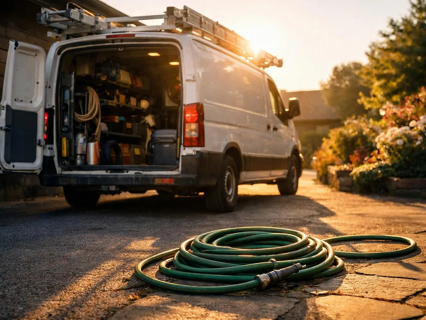 A white service van with open doors and shelves inside sits by a coiled green hose on a sunlit driveway