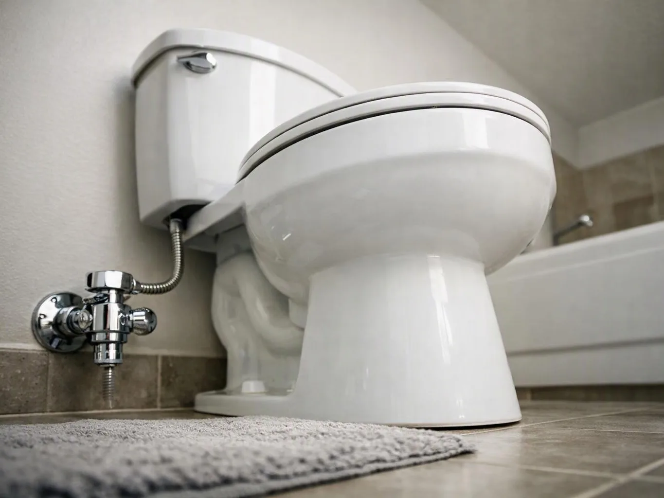 A white toilet sits beside a bathtub, with a chrome shutoff valve and gray bath mat in a tiled bathroom