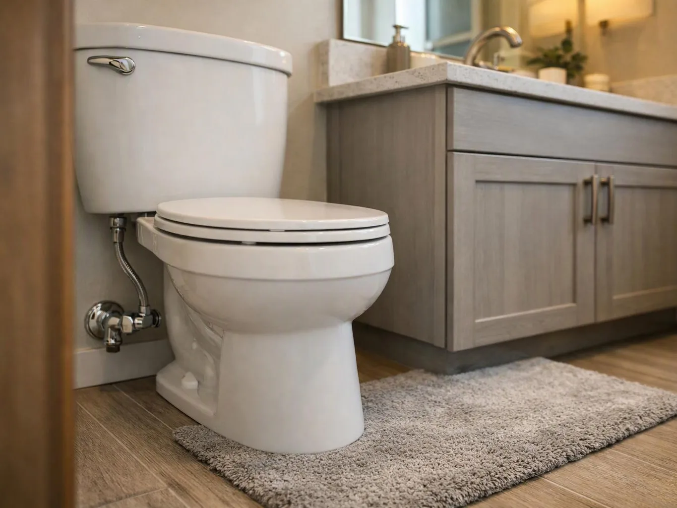 A white toilet sits beside a gray vanity and rug in a clean bathroom
