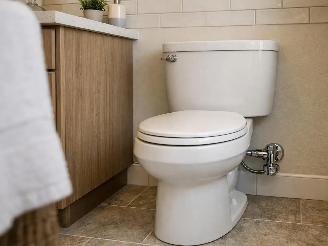 A white toilet sits beside a wood vanity in a tiled bathroom with a towel in the foreground