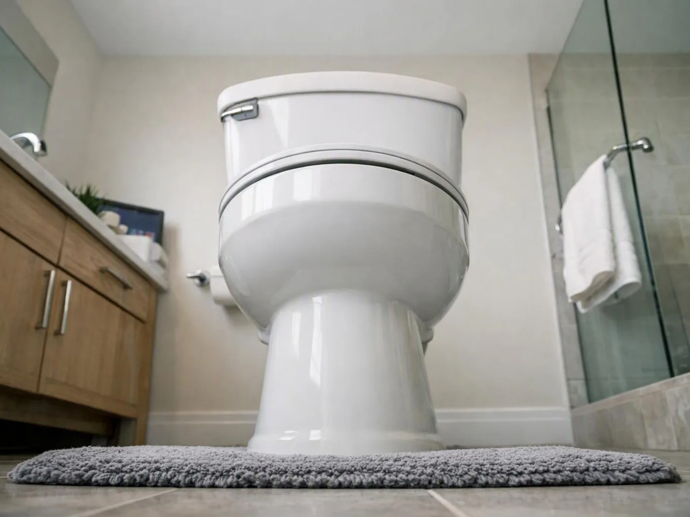 A white toilet sits on a gray bath mat in a modern bathroom with a shower and vanity