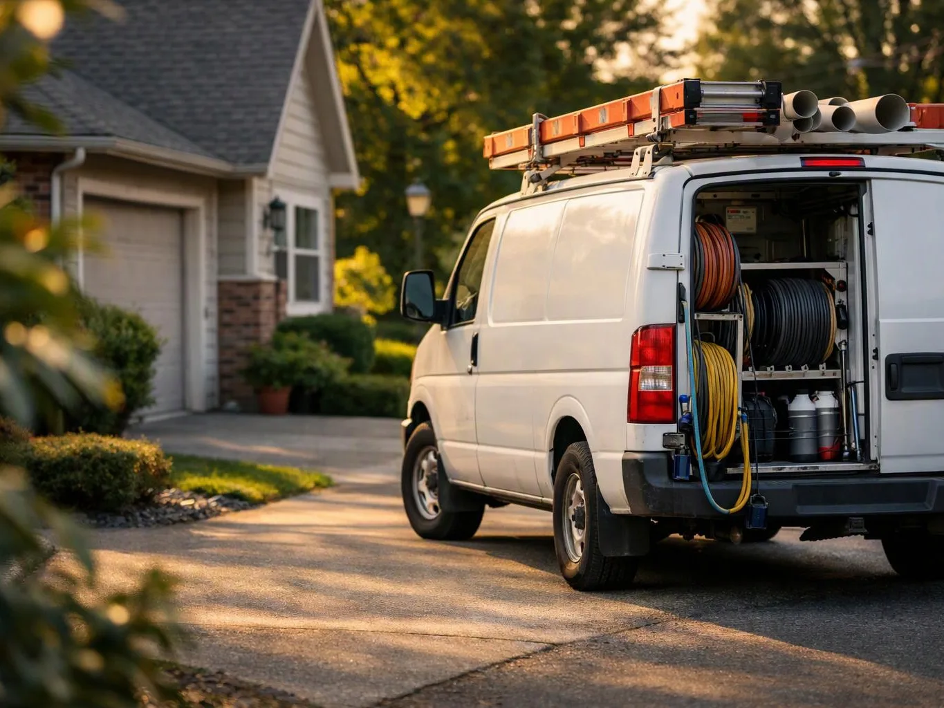 A white work van with open rear shelves of hoses and pipes is parked beside a suburban house driveway