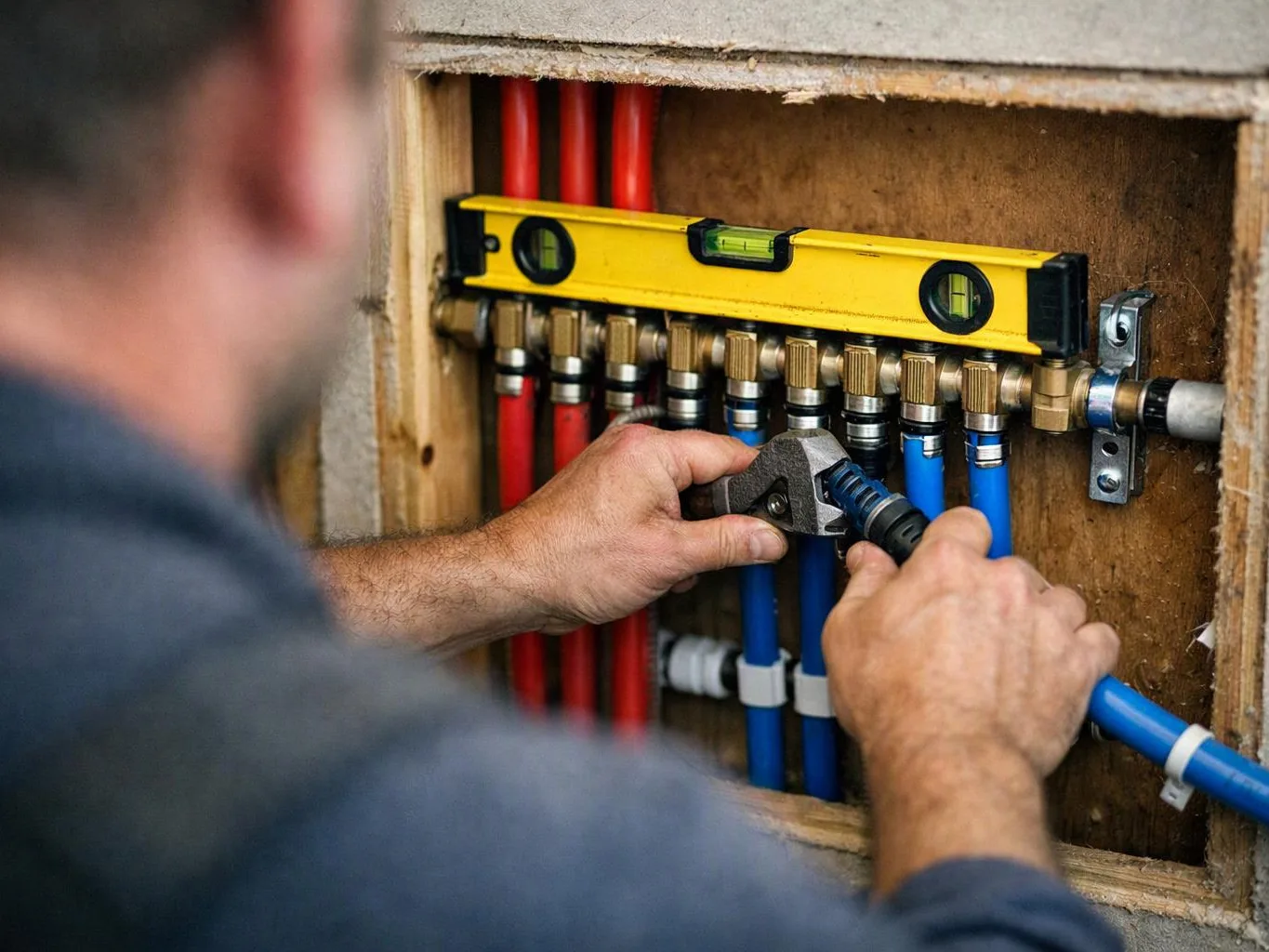 A worker adjusts blue pipes with a wrench beside a yellow level inside a wall opening