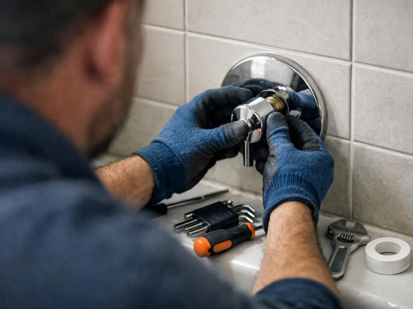 A worker in blue gloves adjusts a chrome shower control on a tiled bathroom wall