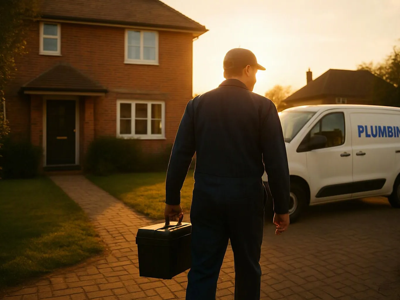 A worker carries a toolbox toward a brick house beside a white van at sunset