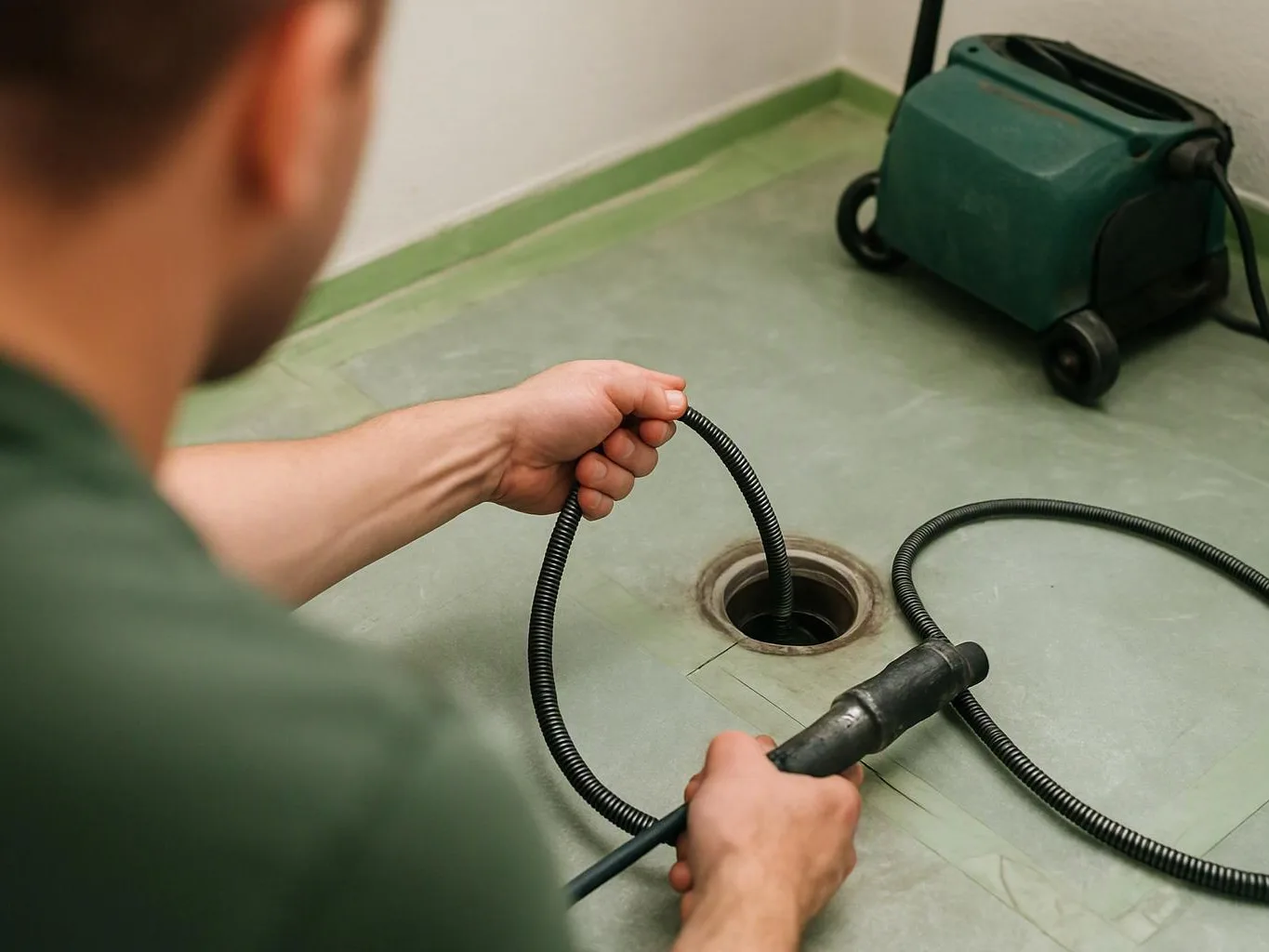 A worker feeds a drain snake into a floor opening beside a green machine in a bare room