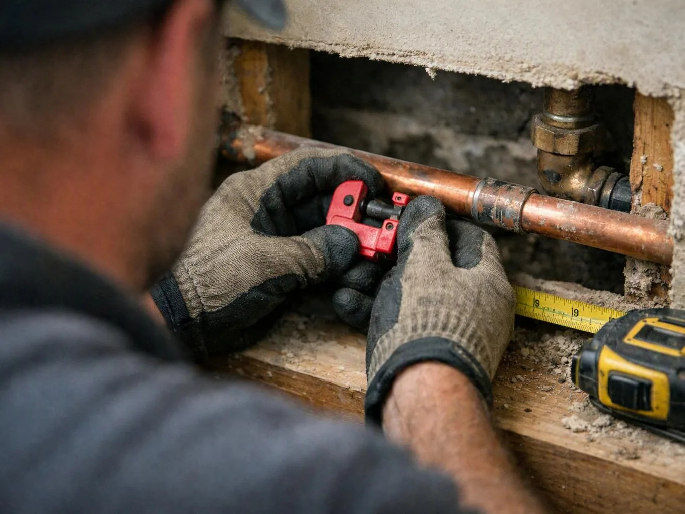 A worker in gloves fits a red pipe cutter onto a copper pipe inside a wall opening