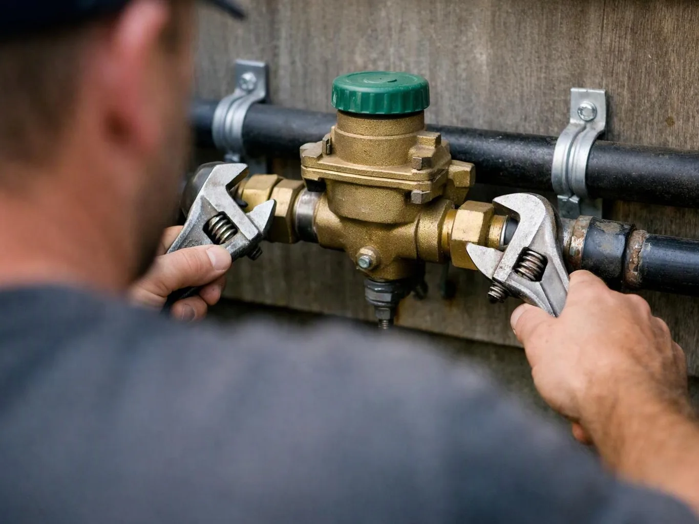 A worker uses two adjustable wrenches to tighten a brass pipe valve on a wall-mounted pipe