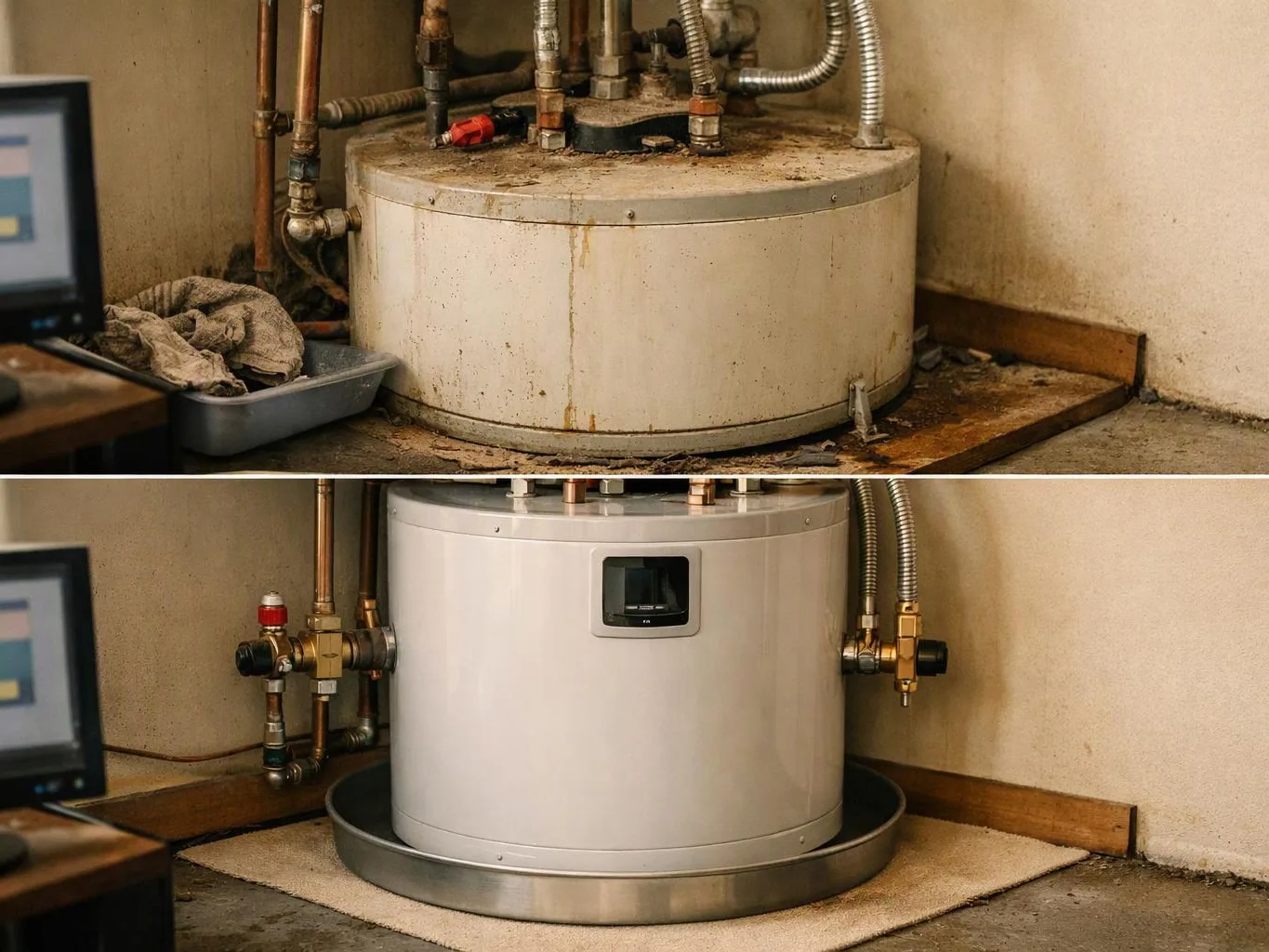 A worn water heater sits beside a cleaner replacement in a cramped utility room