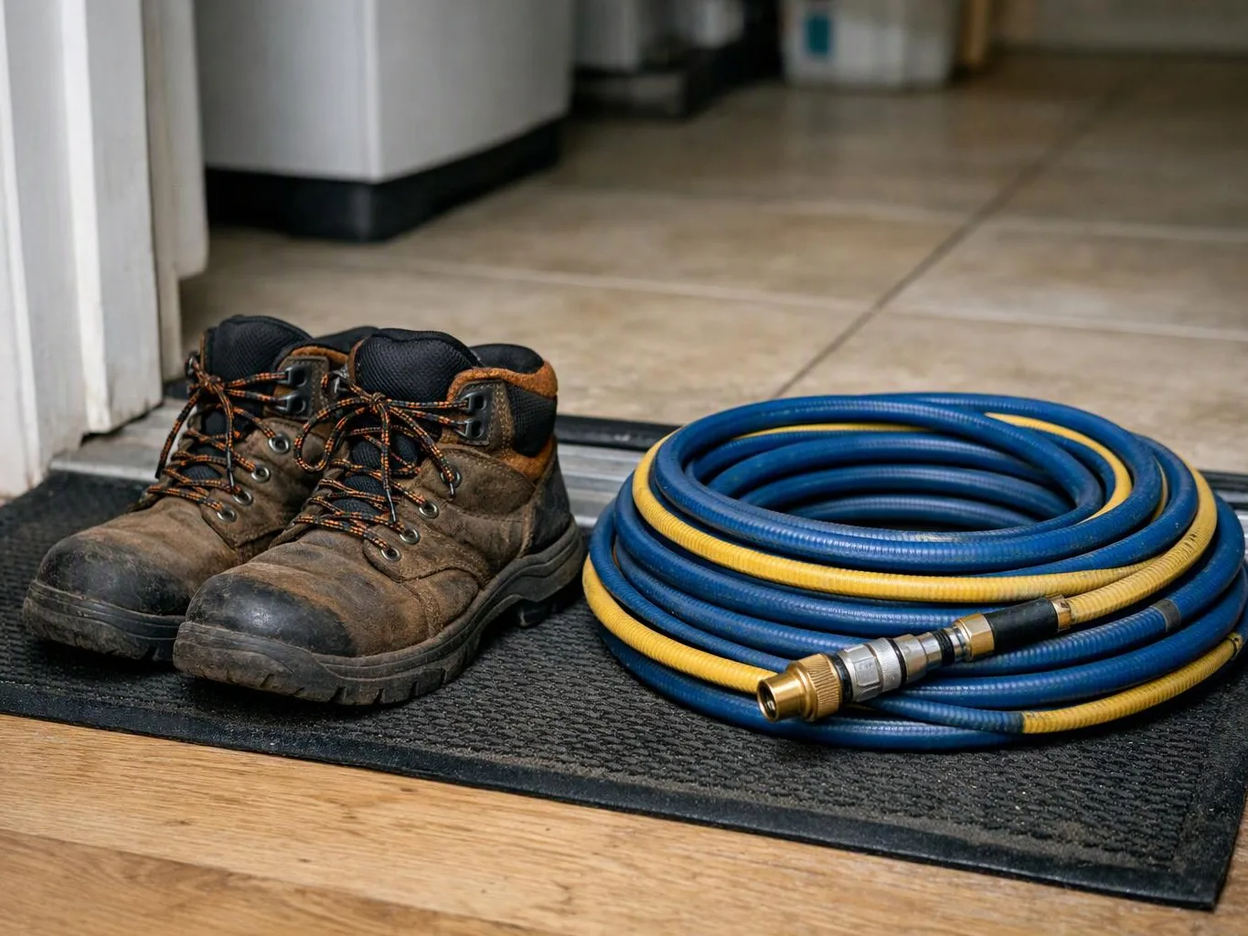 Worn work boots sit beside a coiled blue and yellow hose on a doormat near a doorway