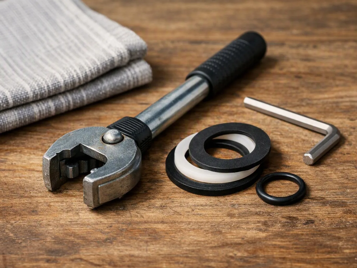A wrench-like tool, metal rings, an Allen key, and folded cloth rest on a wooden surface