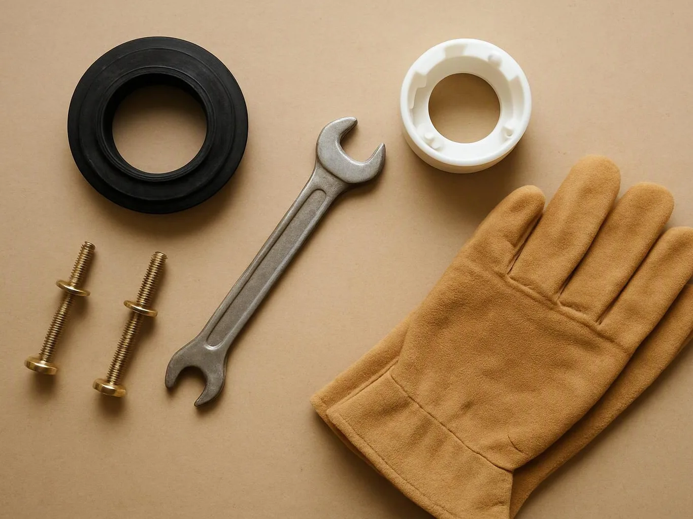 A wrench, screws, rings, and work gloves are arranged on a beige surface
