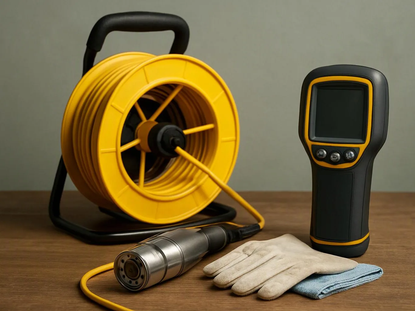 A yellow cable reel, inspection camera, metal tool, gloves, and cloth sit on a wooden table