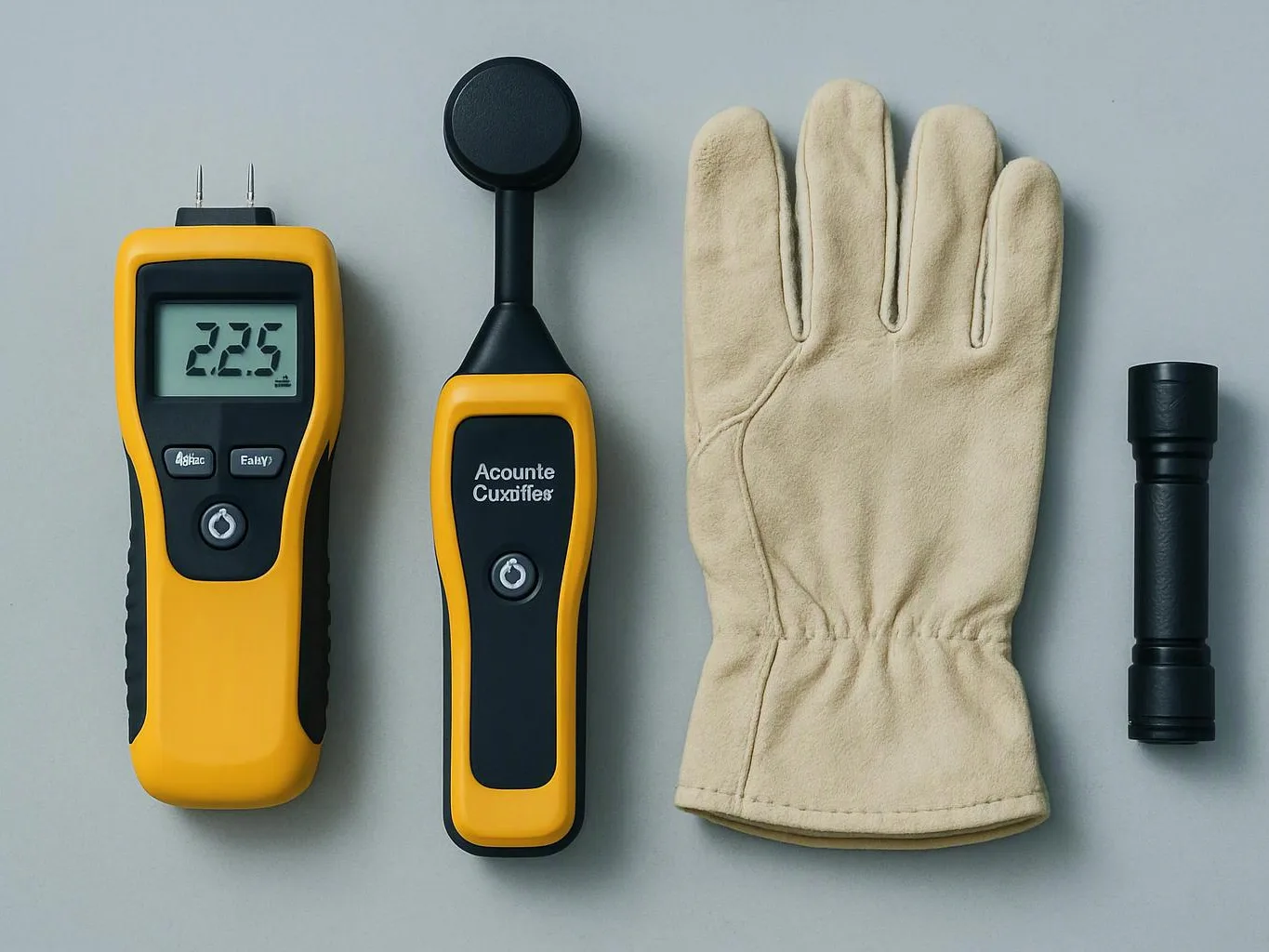 A yellow digital meter, another handheld device, a beige glove, and a black attachment lie on a gray surface